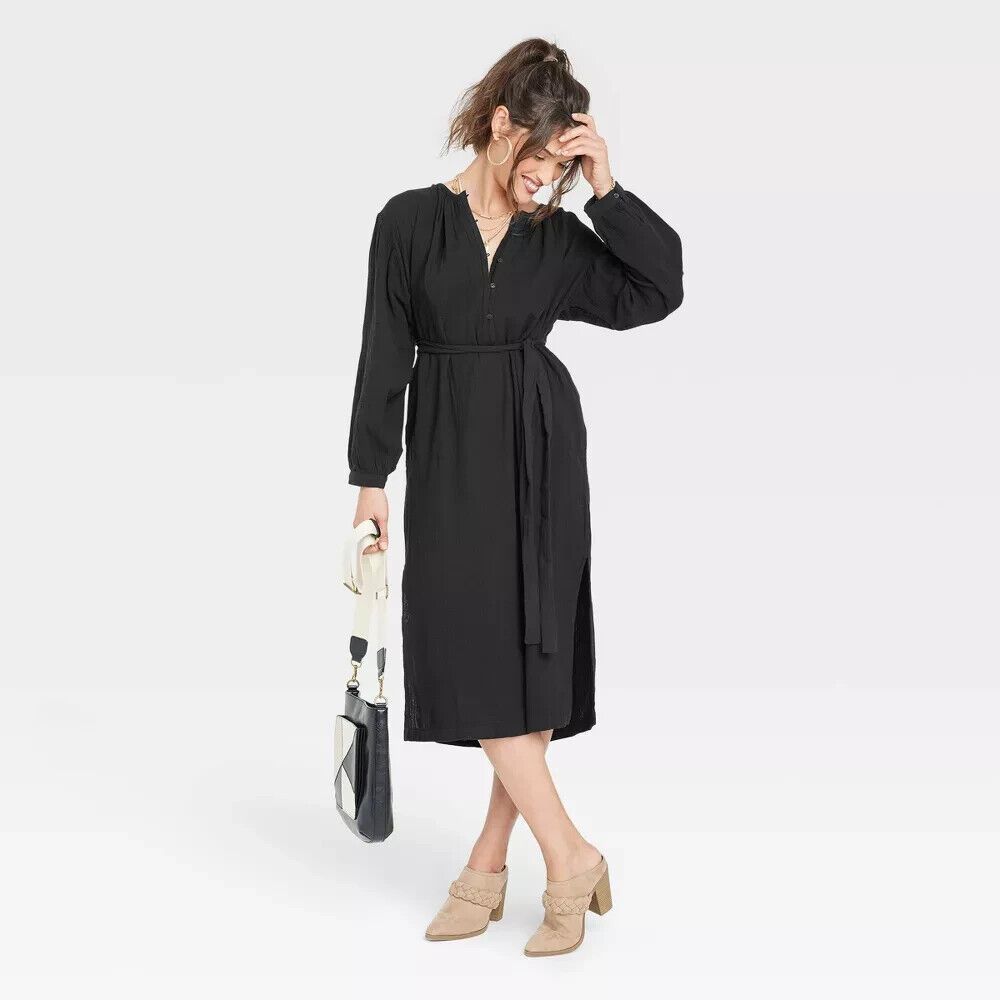 Women's Balloon Long Sleeve Tie-Front Shirtdress - Universal Thread Black XS - Picture 2 of 3